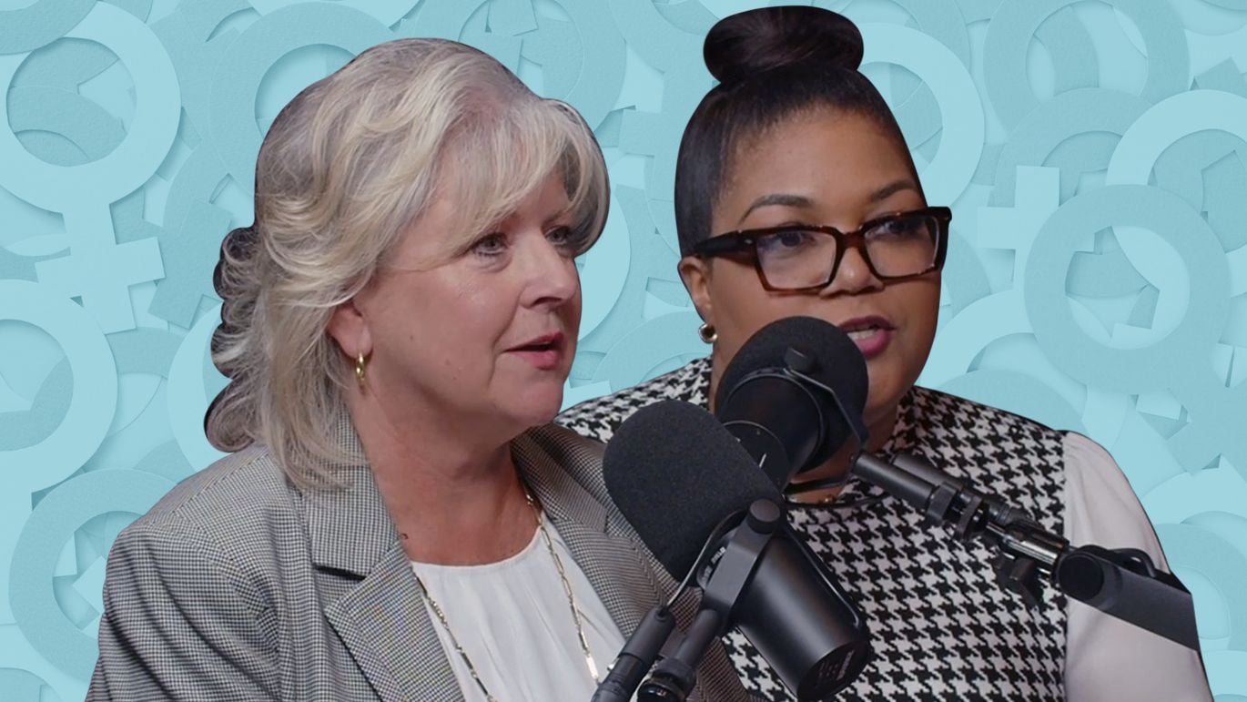 Video thumbnail featuring two people speaking into podcast microphones, with gender equality symbols displayed in the blue-toned background.
