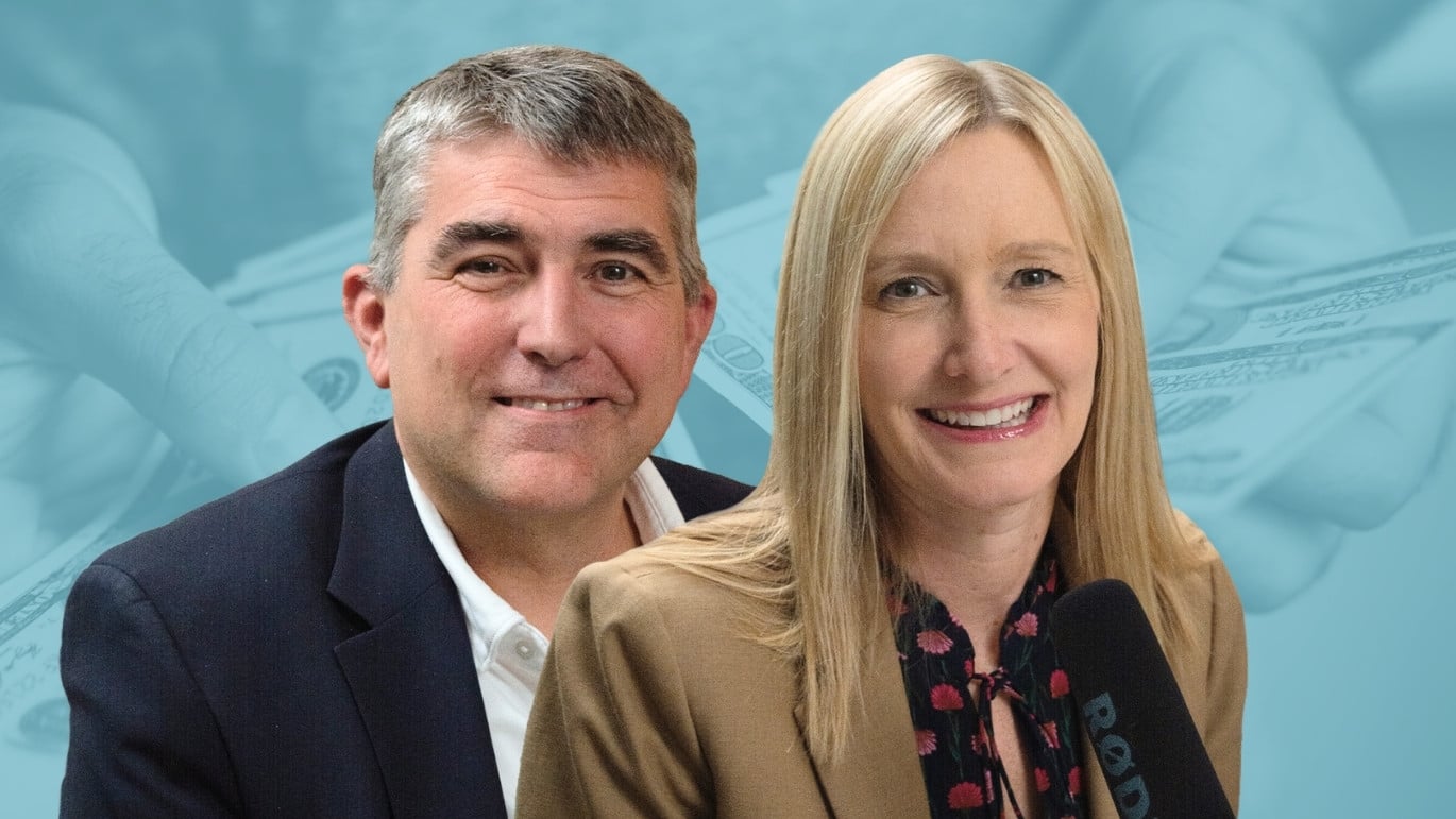 Three people seated at a podcast table with microphones and notes, recording a discussion about the great wealth transfer in a modern studio setting.