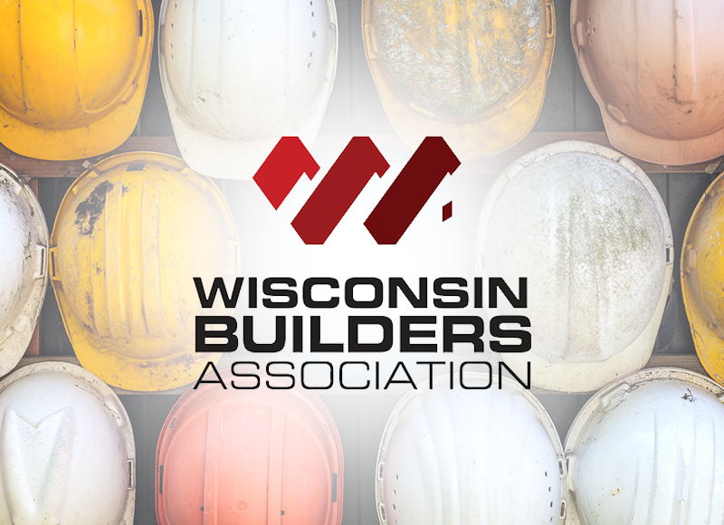 Wisconsin Builders Association logo overlaid on a collection of hard hats.