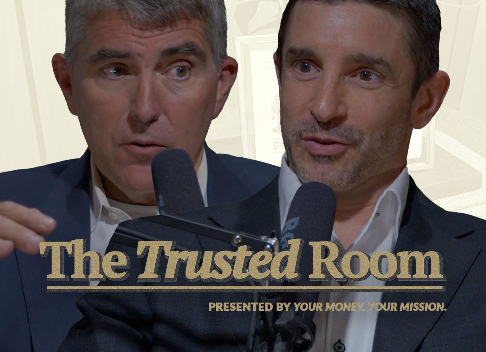 The Trusted Room podcast artwork showing two podcast speakers with microphones and the tagline, "Presented by Your Money. Your Mission."