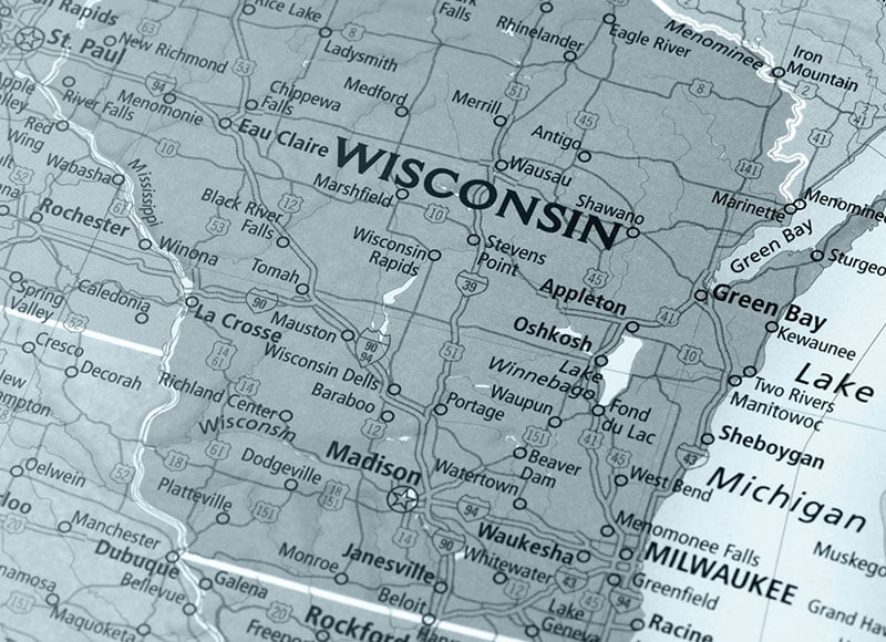 Map of the state of Wisconsin featuring many of its larger cities.