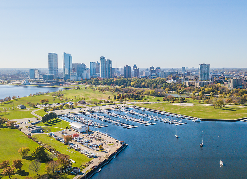 An aerial view of Milwaukee's downtown skyline and marina.