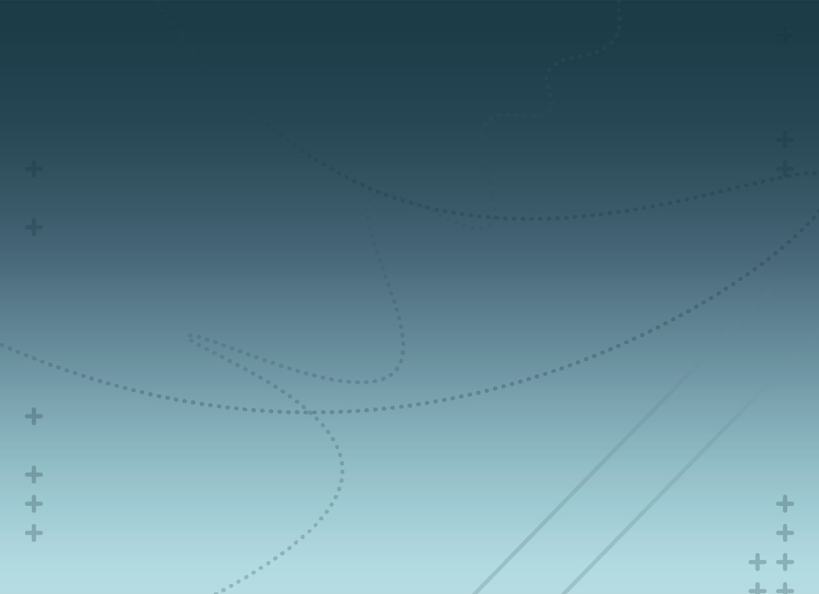 Abstract gradient background shifting from dark teal to light blue, with faint curved dotted lines, small plus signs in the corners, and two diagonal lines in the bottom right.